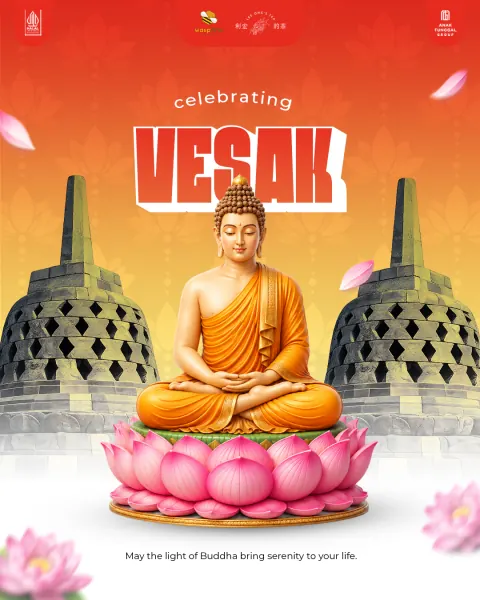 Vesak greeting with a seated Buddha on a lotus in front of temple stupas, carrying the Lee Ong’s Tea, Waspffle and Anak Tunggal Group logos