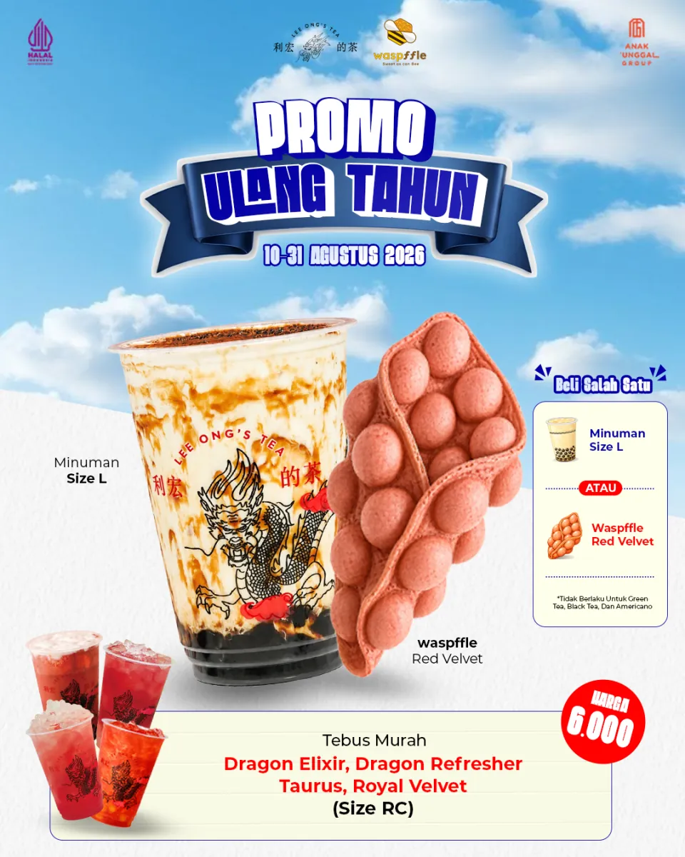 Karya promo ulang tahun untuk minuman Lee Ong’s Tea dan Waspffle Red Velvet