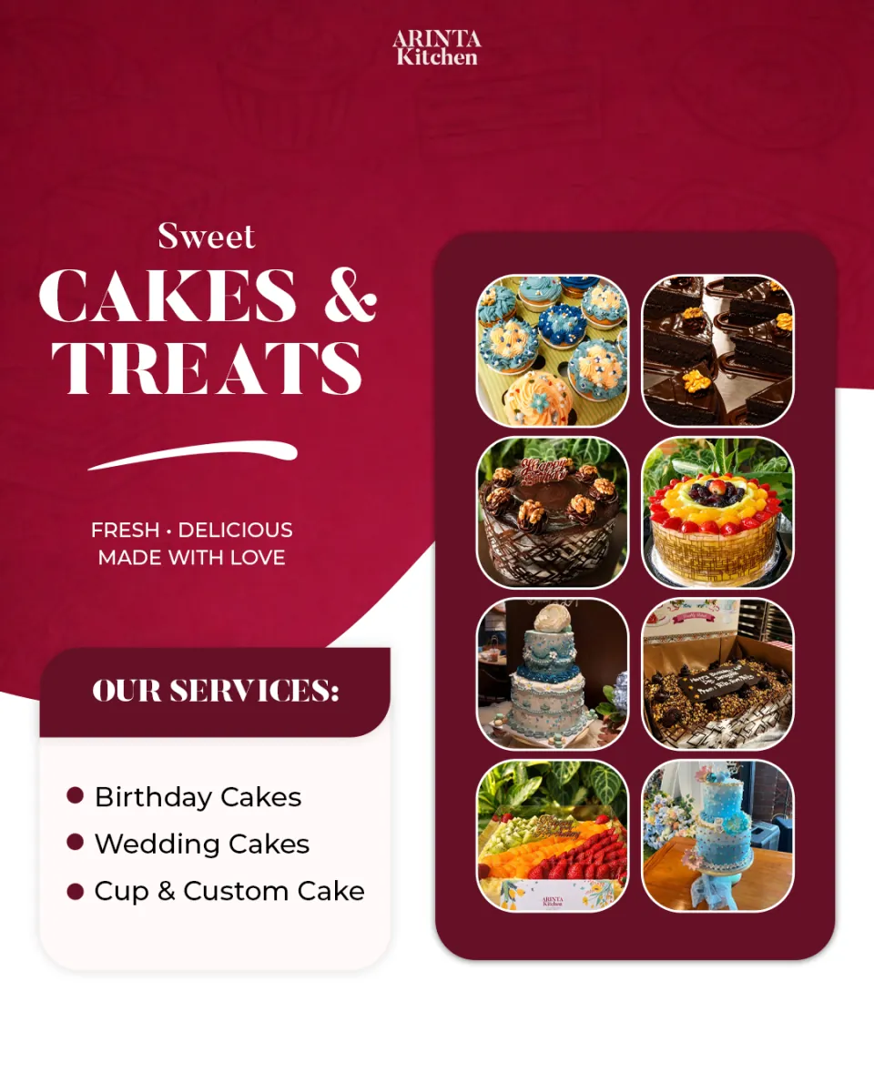 Postingan layanan ‘Sweet Cakes & Treats’ dengan kolase foto kue ulang tahun, pernikahan, dan custom