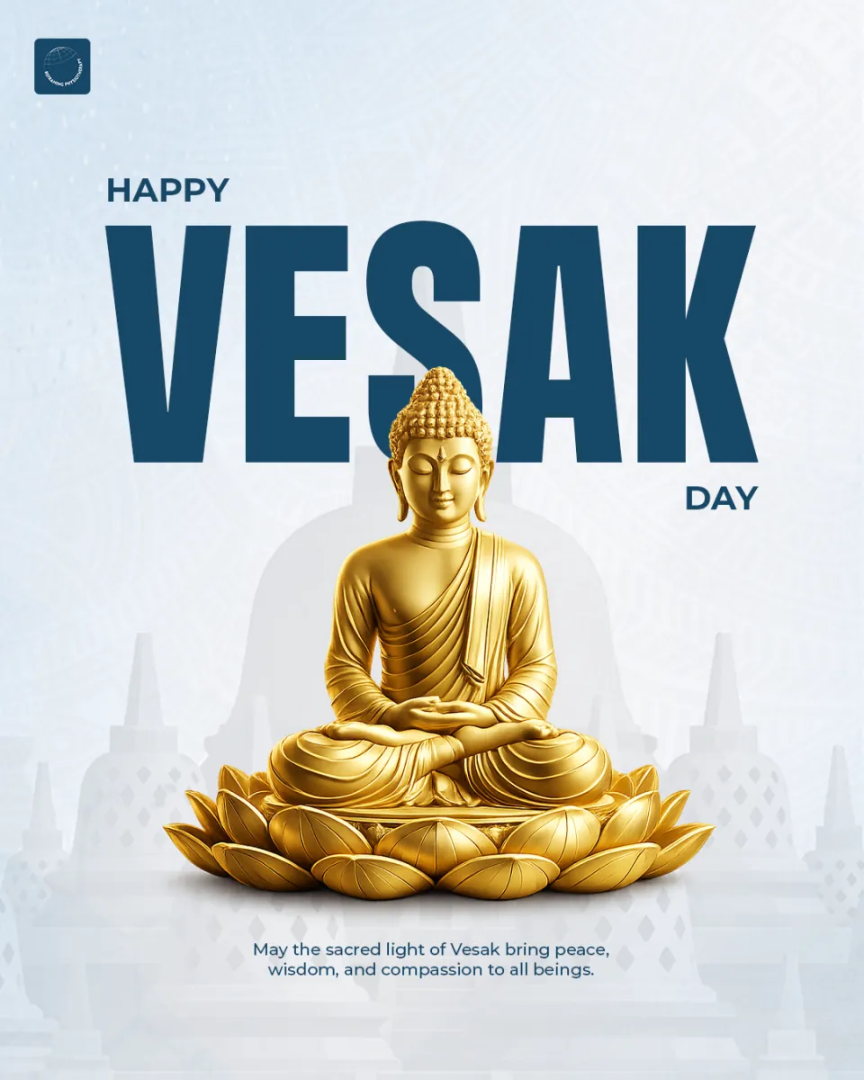 Ucapan Happy Vesak Day berwarna biru Reframing dengan patung Buddha keemasan