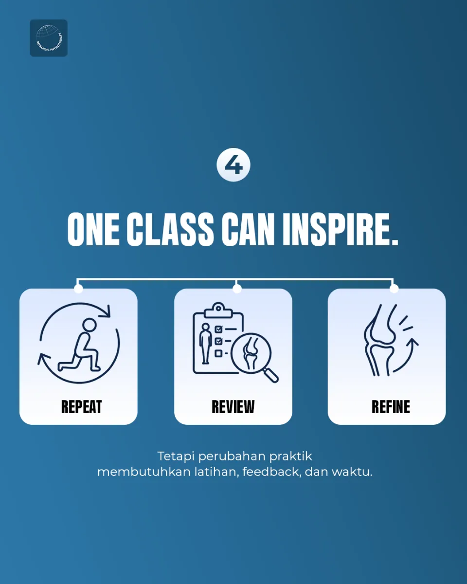 Postingan ‘One class can inspire’ dengan tiga ikon: repeat, review, dan refine