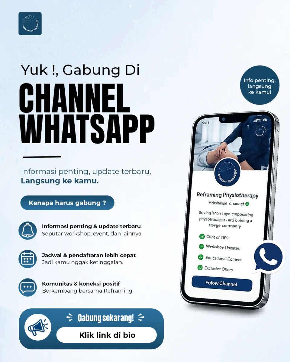 Ajakan bergabung ke channel WhatsApp Reframing Physiotherapy, dengan mockup ponsel
