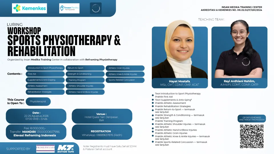 Flyer lanskap untuk workshop sports physiotherapy dan rehabilitation di Bali