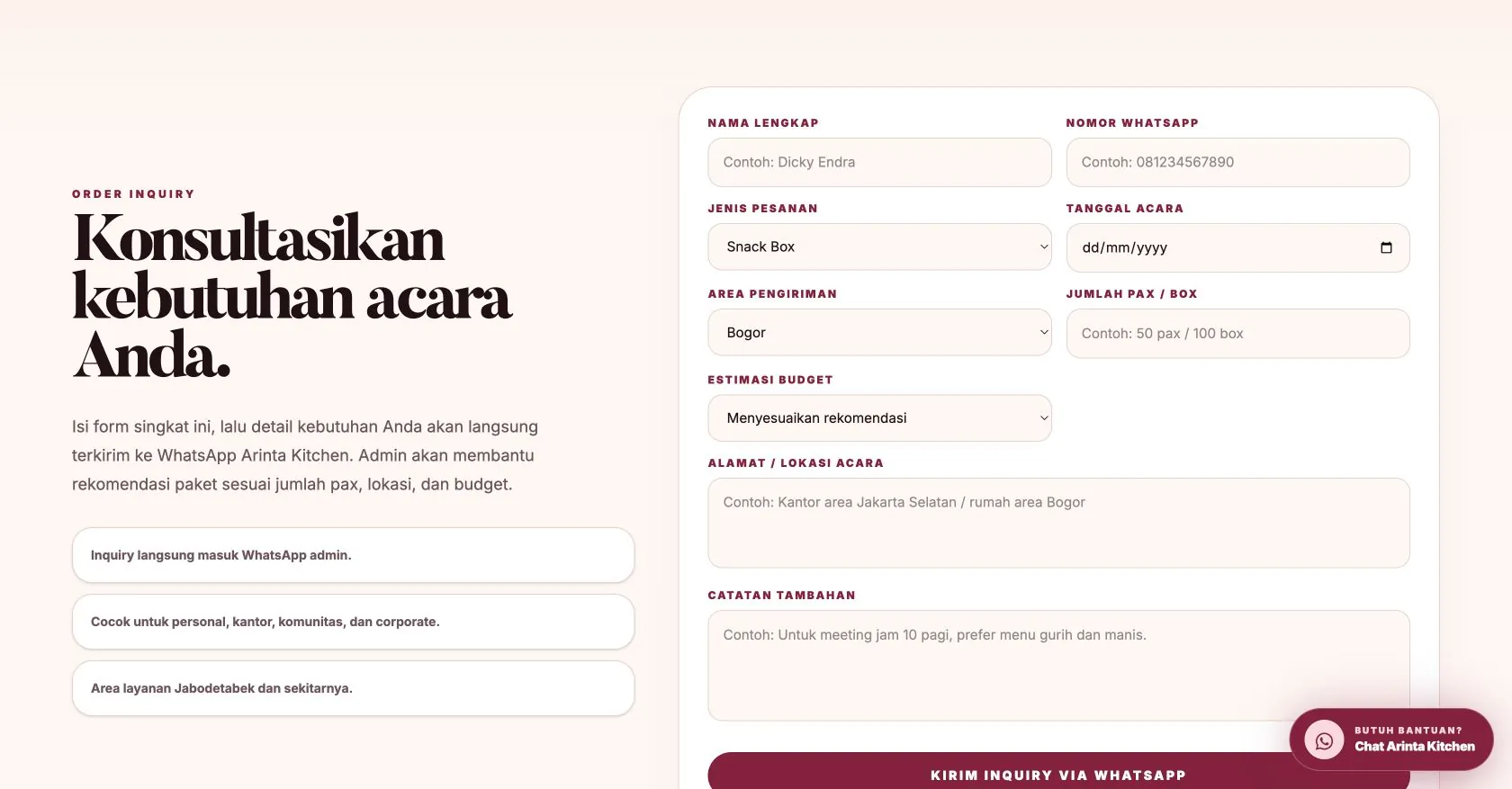 Arinta Kitchen order inquiry section