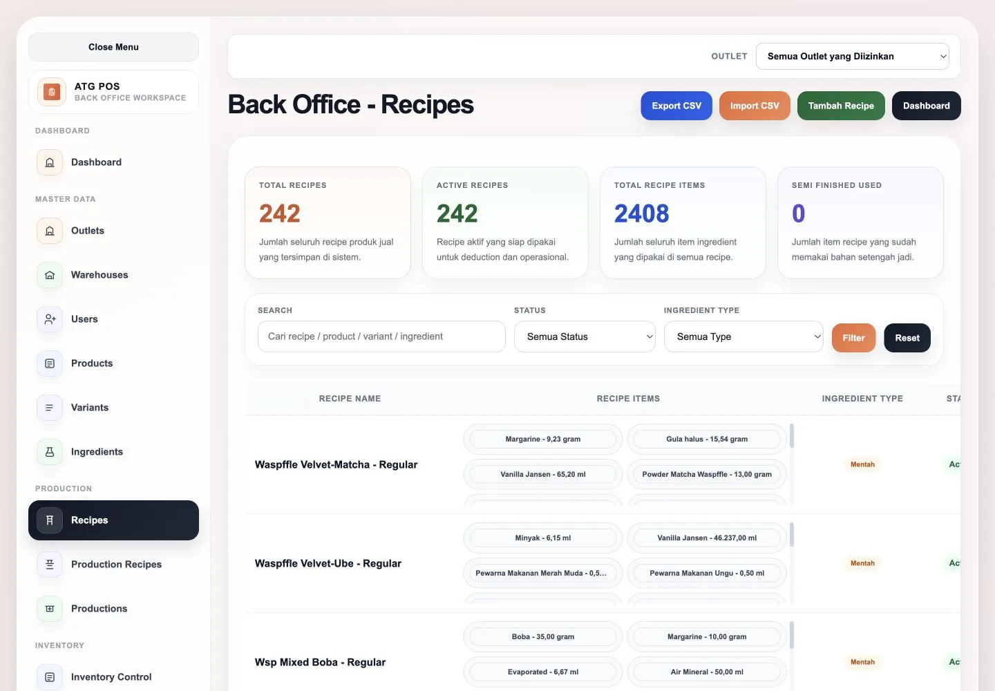 ATG POS recipe management table