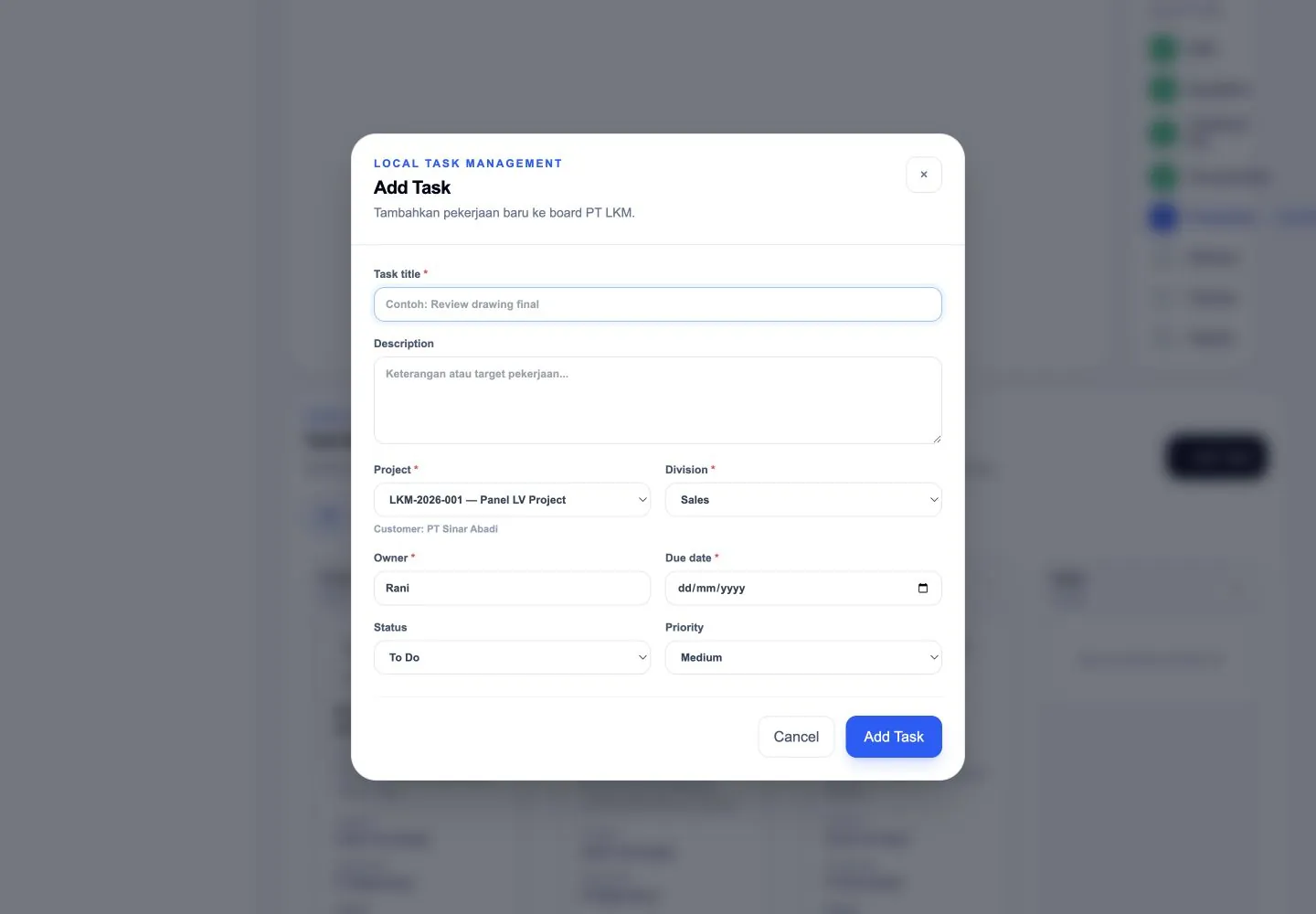 PT LKM task creation form