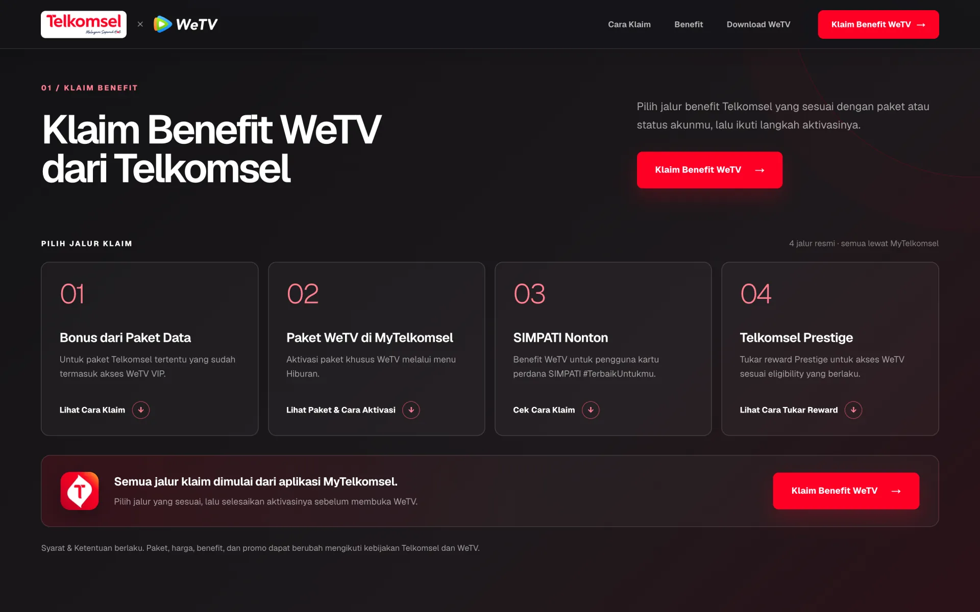 WeTV × Telkomsel benefit landing page with four claim routes