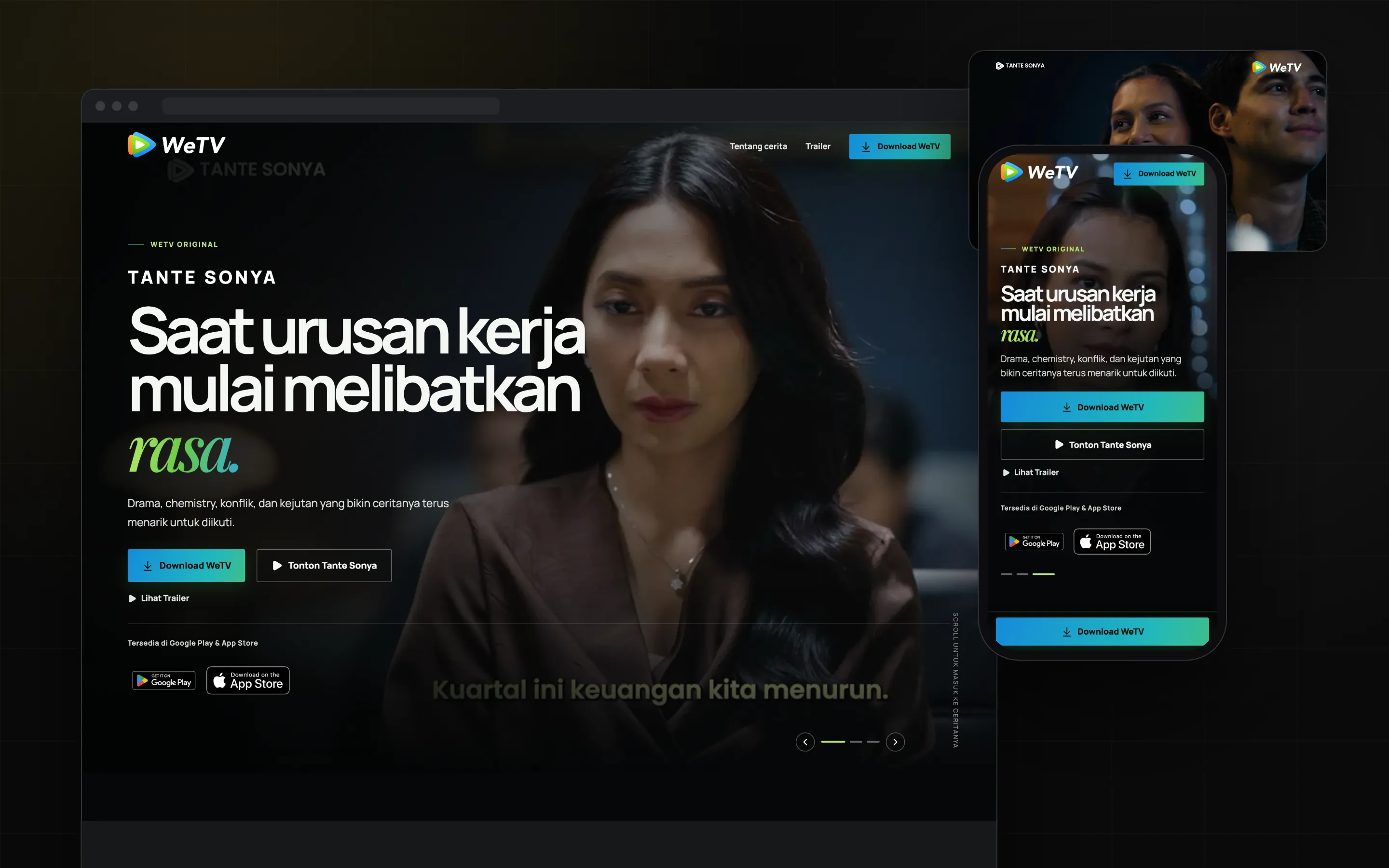 WeTV app-install campaign landing page for Tante Sonya on desktop and mobile, developed by Kara Digital
