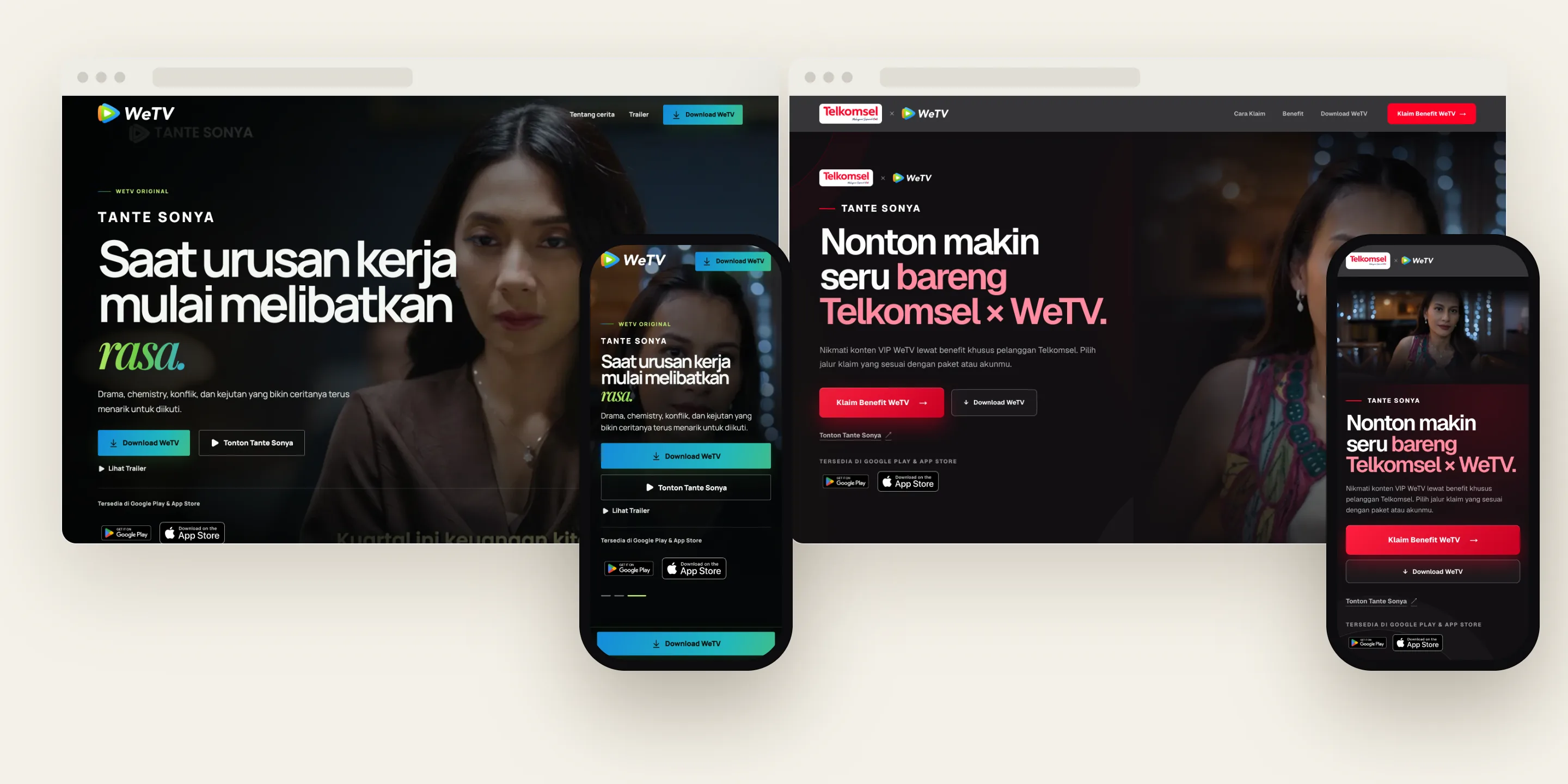 WeTV direct install landing page and WeTV × Telkomsel benefit landing page on desktop and mobile